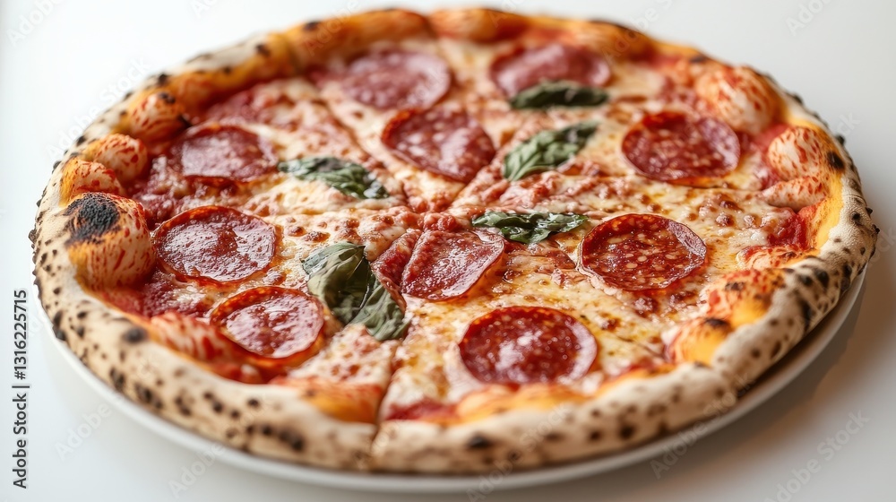 A classic Margherita pizza, adorned with generous slices of salami, rests majestically against a pristine white background. A classic Margherita pizza, adorned with generous slices of salami, rests majestically against a pristine white background.
