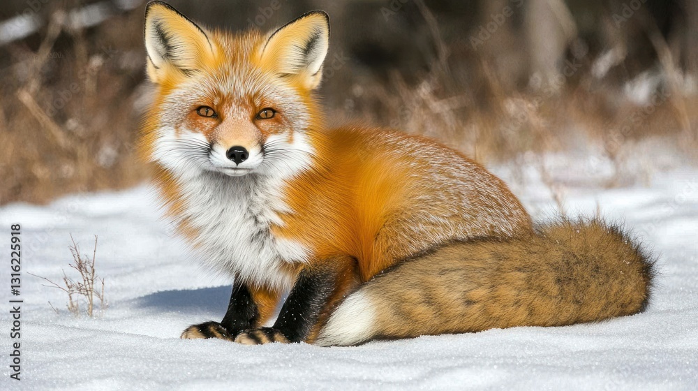 Obraz premium Red fox sitting in snowy winter woodland (1)