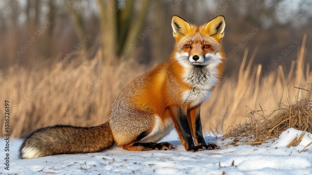 Obraz premium Red fox sitting in snowy winter woodland