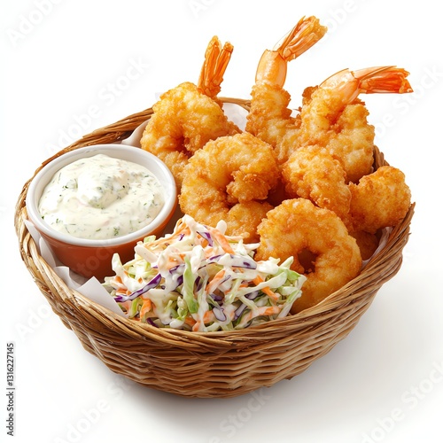 Basket of crispy fried shrimp with dipping sauce and coleslaw on a white background.