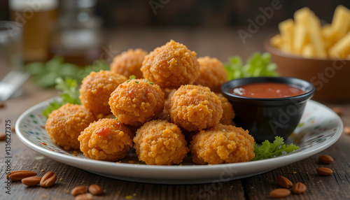 Golden Fried Food Balls on Plate with Dip and Fries