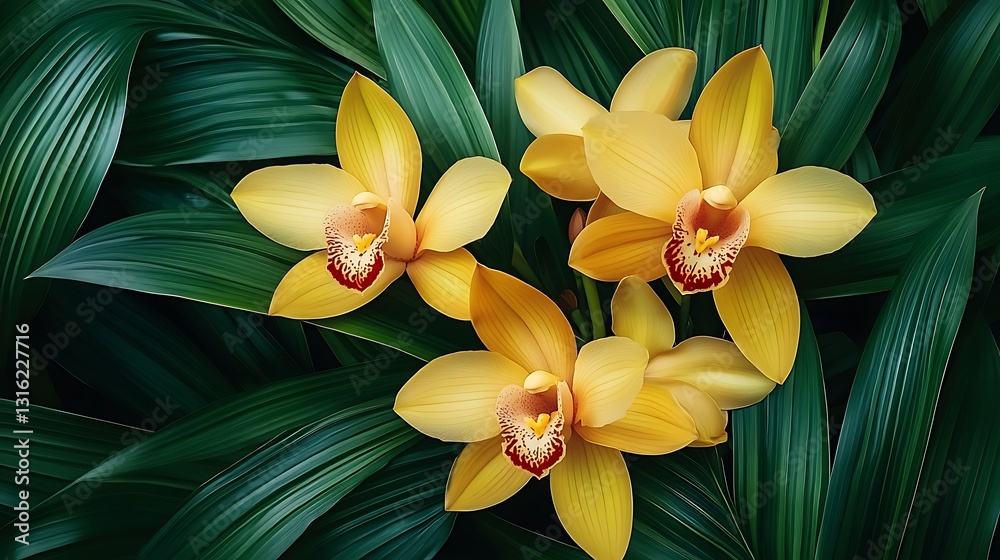 Obraz premium Golden Orchids Blooming Amidst Lush Tropical Foliage AI Generated