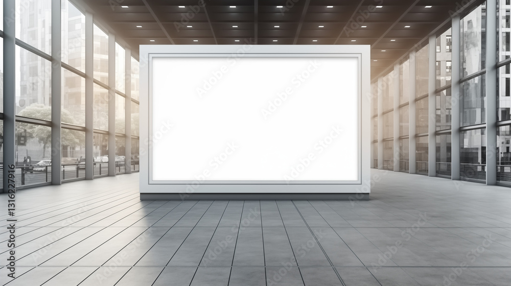 Front view of a large blank white billboard in a modern office building. The image captures a clean and professional atmosphere Front view of a large blank white billboard in a modern office building. The image captures a clean and professional atmosphere