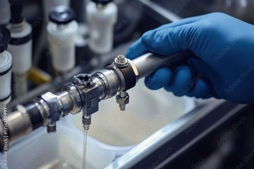 Fototapeta premium Close-up of gloved hand adjusting industrial pipe with fluid flowing.