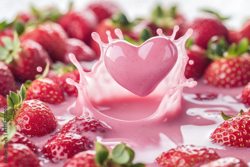 Pink strawberry milk forms a heart-shaped splash surrounded by fresh strawberries in a delightful display of sweetness. Generative AI Pink strawberry milk forms a heart-shaped splash surrounded by fresh strawberries in a delightful display of sweetness. Generative AI