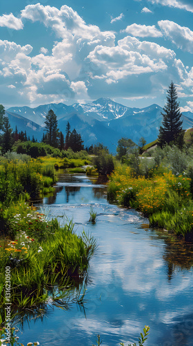 Tranquil River and Majestic Mountains: A Serene Natural Landscape