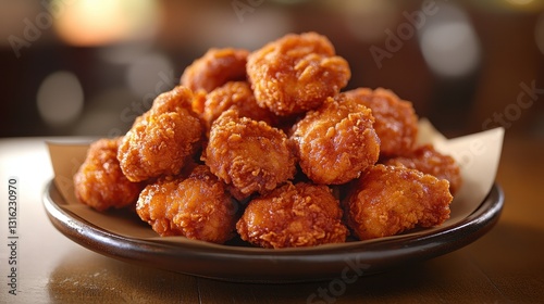 A front-facing photograph captures a plate of crispy fried chicken tenders, their golden brown exteriors glistening under the bright light of the camera. Each tender is nestled on a bed of plain