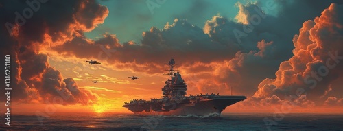 The panoramic view displays a military aircraft carrier in action