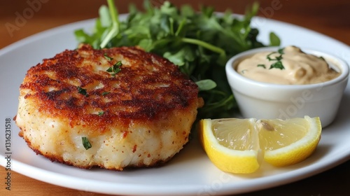 Crispy Fish Cake with Salad and Sauce on Plate