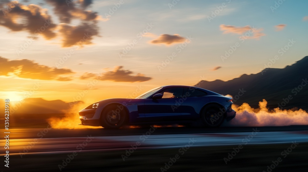 Dynamic sports car drifting on a race track with smoke billowing from the tires in a high-speed action scene Dynamic sports car drifting on a race track with smoke billowing from the tires in a high-speed action scene