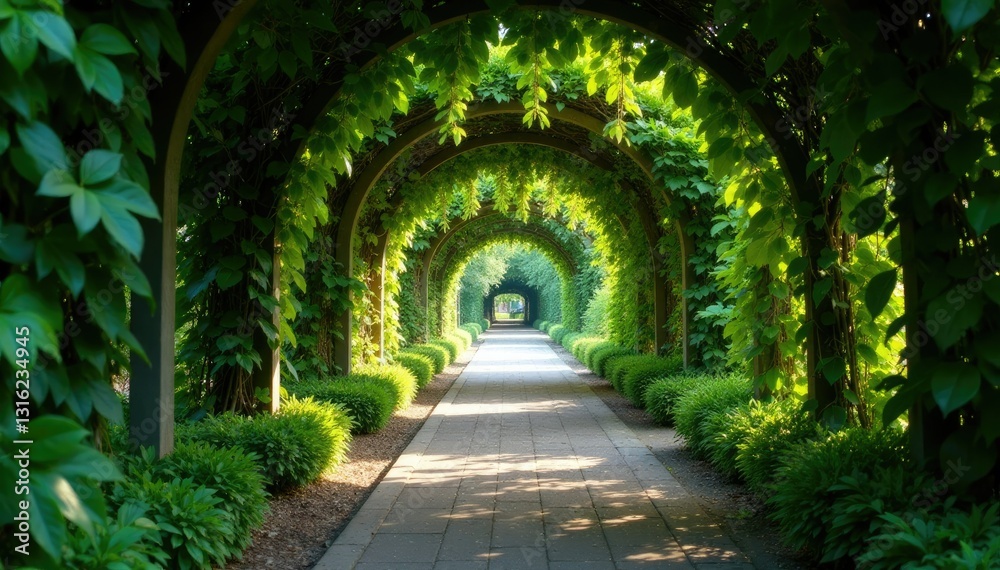 Obraz premium Softly lit pathway under the canopy of a garden arbor, shaded areas, leafy arches, softly lit paths