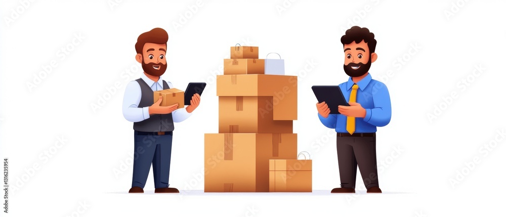 Two entrepreneurs standing confidently next to a stack of boxes representing small business growth and success Two entrepreneurs standing confidently next to a stack of boxes representing small business growth and success