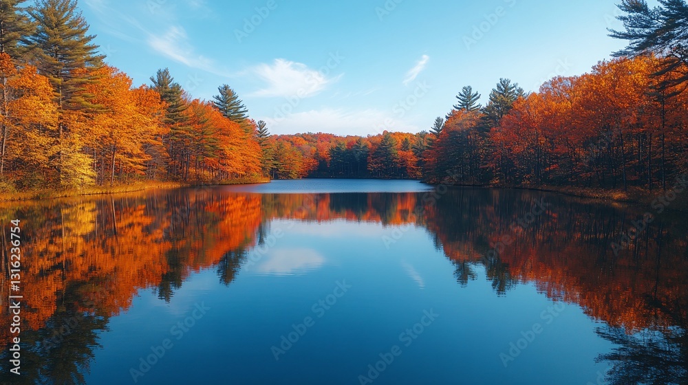 Fototapeta premium A beautiful autumn scene of trees reflected in a lake