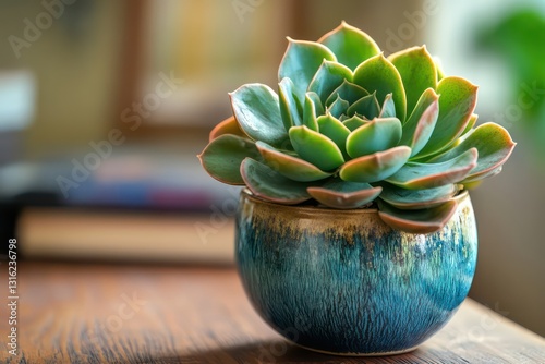 A vibrant succulent plant with thick fleshy leaves, elegantly growing in a handcrafted porcelain pot on a wooden desk