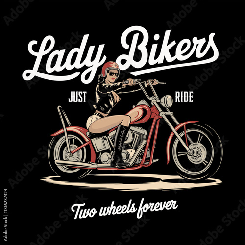 Lady Biker on Chopper Motorcycle - Vintage Biker Illustration