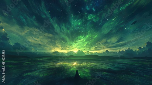Serene Green Sunset Over Calm Waters with Starry Sky and Silhouette of a Boat