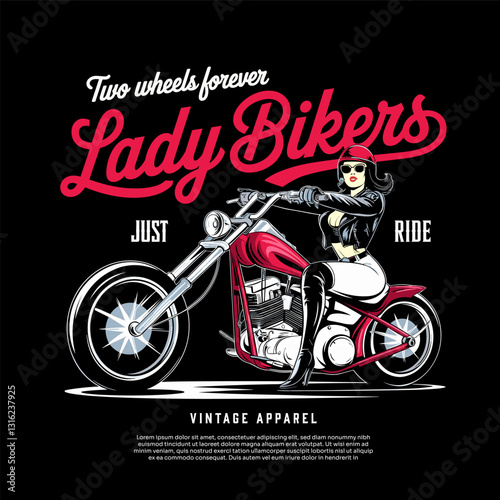 Lady Biker on Chopper Motorcycle - Vintage Biker Illustration