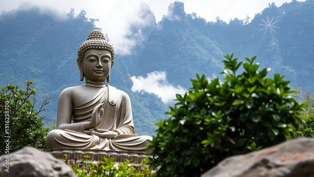 Fototapeta premium Serene Buddha Statue Against Misty Mountain Landscape