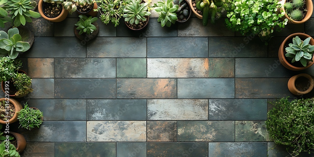 Succulents frame rustic tile floor Succulents frame rustic tile floor