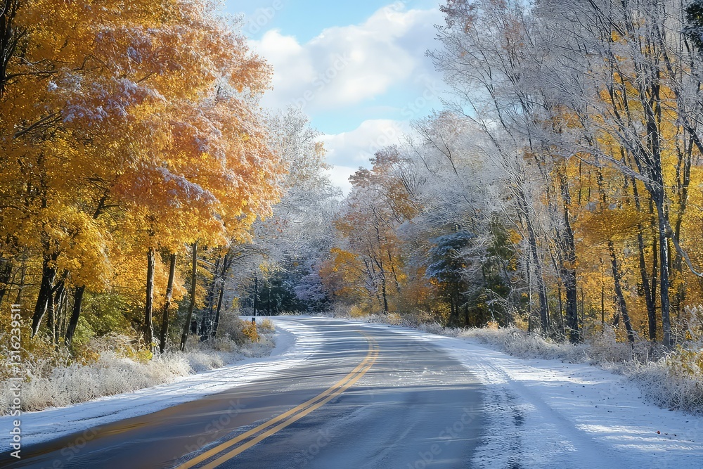 A scenic drive through an autumn wonderland, frost lightly coating the roadside trees. A scenic drive through an autumn wonderland, frost lightly coating the roadside trees.