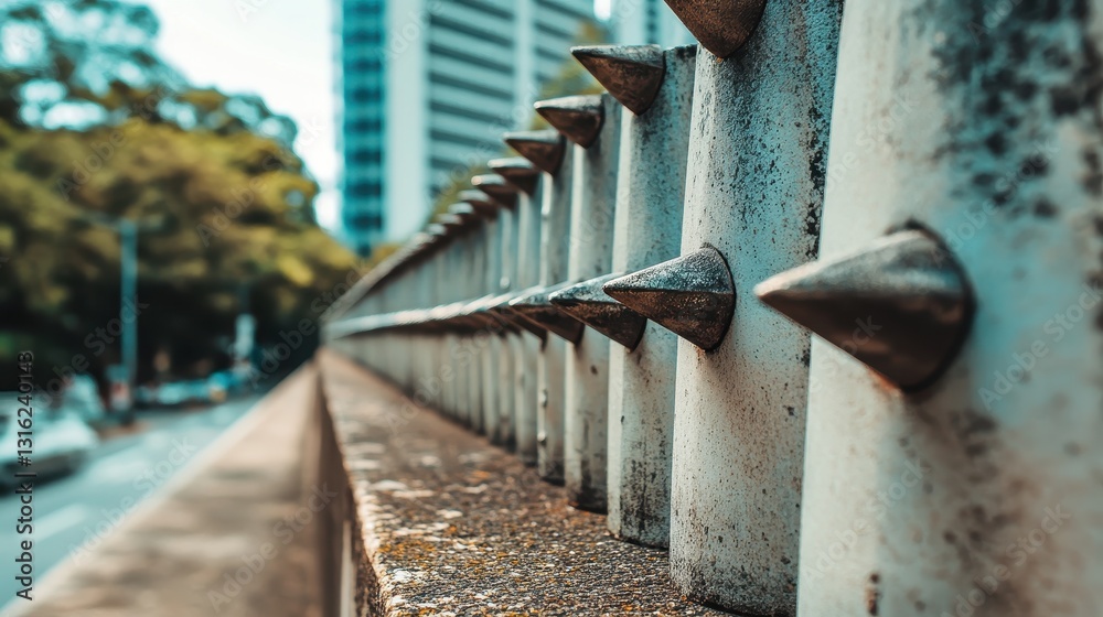 Urban Fence with Metal Spikes in a Modern Cityscape Background Urban Fence with Metal Spikes in a Modern Cityscape Background
