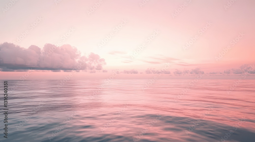 Fototapeta premium A stunning pink sky stretches over the calm ocean, reflecting hues of lavender and coral. Fluffy clouds drift lazily, casting soft shadows on the water's surface, creating a serene atmosphere.