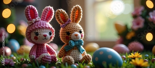 Two crocheted Easter bunnies with eggs and flowers, warm bokeh lights, festive spring scene, handmade decorations, cheerful celebration