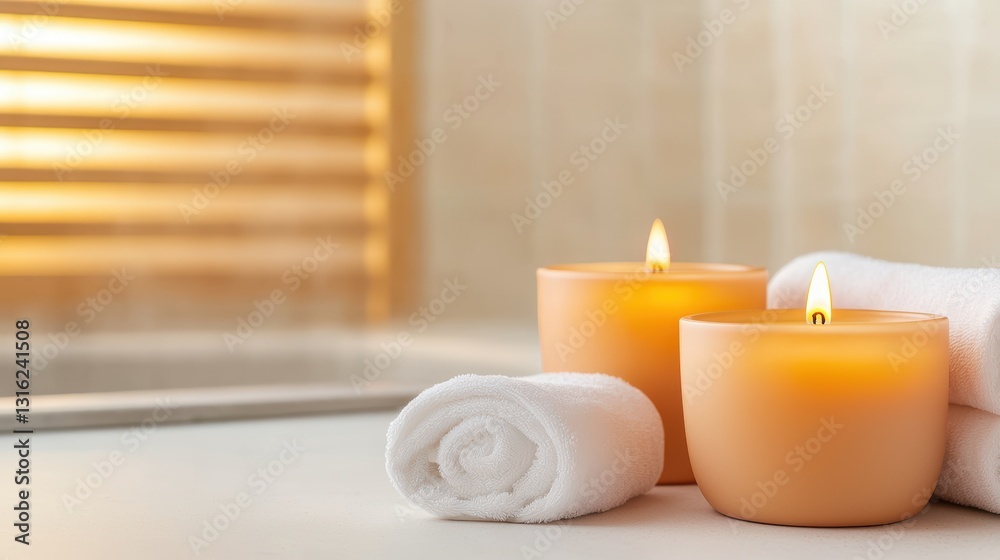 A serene spa setting featuring lit candles and rolled towels, perfect for relaxation and self-care. A serene spa setting featuring lit candles and rolled towels, perfect for relaxation and self-care.