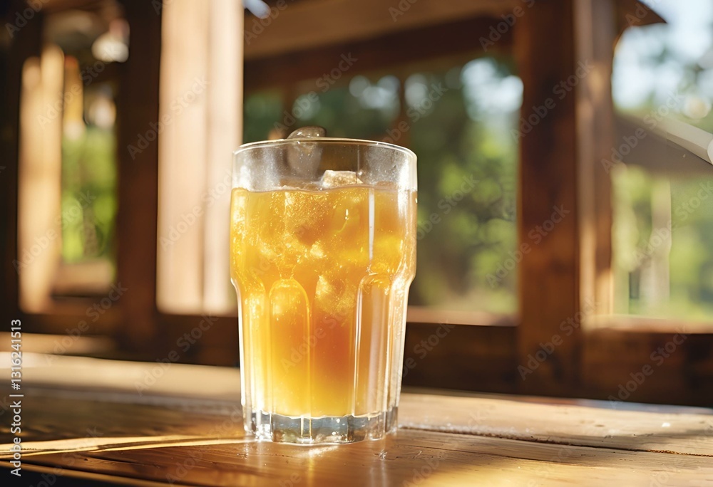An icy apple juice on a wooden table An icy apple juice on a wooden table
