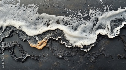 A beautiful transparent clear sea or ocean with waves and foam is captured from a top view or aerial drone perspective as it splashes onto a dark navvy blue or gray sand beach