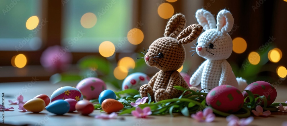 Two crochet Easter bunnies with eggs and flowers, festive indoor scene. Two crochet Easter bunnies with eggs and flowers, festive indoor scene.