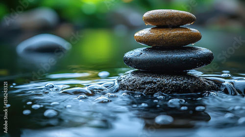 Balancing serenity stacked stones in tranquil water nature setting peaceful reflection close-up view