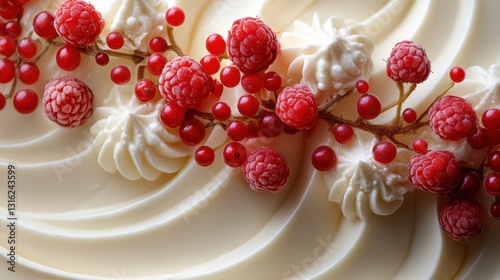 A creamy symphony, adorned with ruby-red raspberries, cascading down the sides like a sweet waterfall.