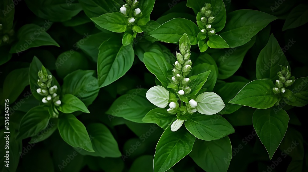 Lush Green Foliage with Delicate White Blooms: A Summer Garden Close-Up AI Generated Lush Green Foliage with Delicate White Blooms: A Summer Garden Close-Up AI Generated