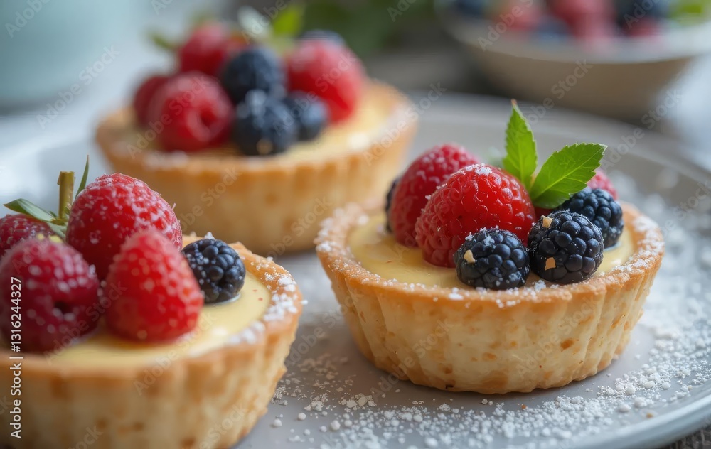 Close-up of coconut tartlets with custard and fresh berries on a plate Close-up of coconut tartlets with custard and fresh berries on a plate