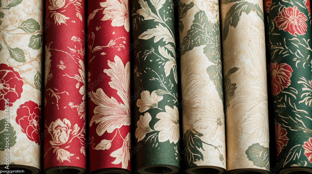 A collection of beautifully patterned wallpaper rolls in rich colors, showcasing floral designs, ideal for home decor projects and interior design inspiration A collection of beautifully patterned wallpaper rolls in rich colors, showcasing floral designs, ideal for home decor projects and interior design inspiration