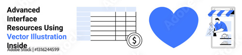 Financial table with dollar symbol, large blue heart, and smartphone storefront. Ideal for finance, e-commerce, marketing, online shopping, business support, digital trends flat landing page banner