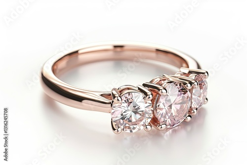 High Definition View of 3 Stone Engagement Ring Laying Down Position in Rose Gold 3D Render