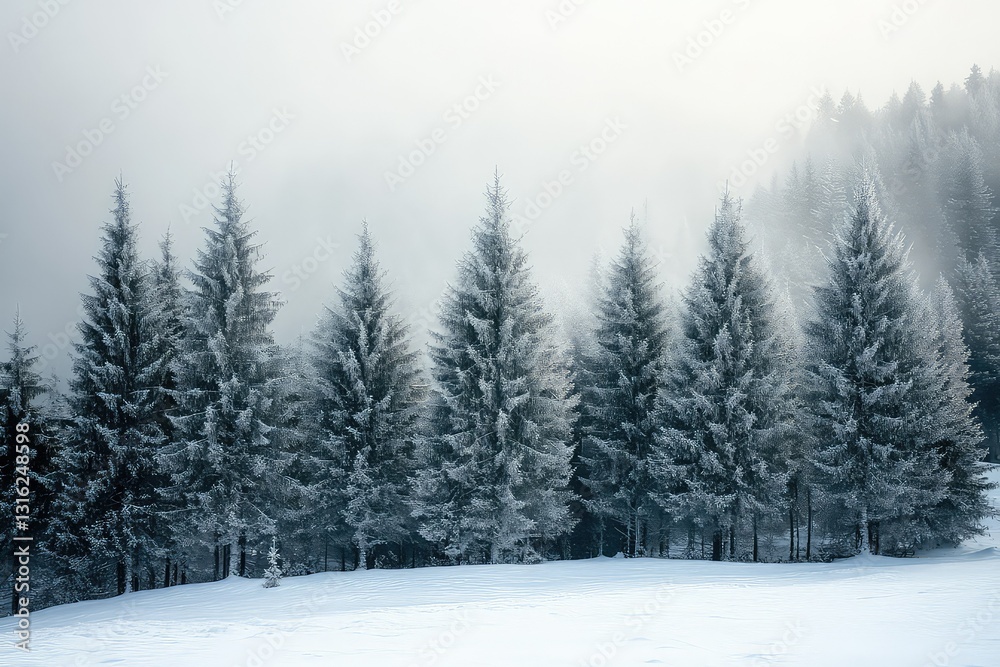 A serene snow-covered forest with frosty pine trees standing in harmony. A serene snow-covered forest with frosty pine trees standing in harmony.