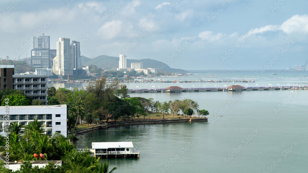 Aerial view of Koh Loi Sriracha, Chonburi Province in the morning with clear sky. Travel view of the sea in Sriracha, Thailand. Aerial view of Koh Loi Sriracha, Chonburi Province in the morning with clear sky. Travel view of the sea in Sriracha, Thailand.