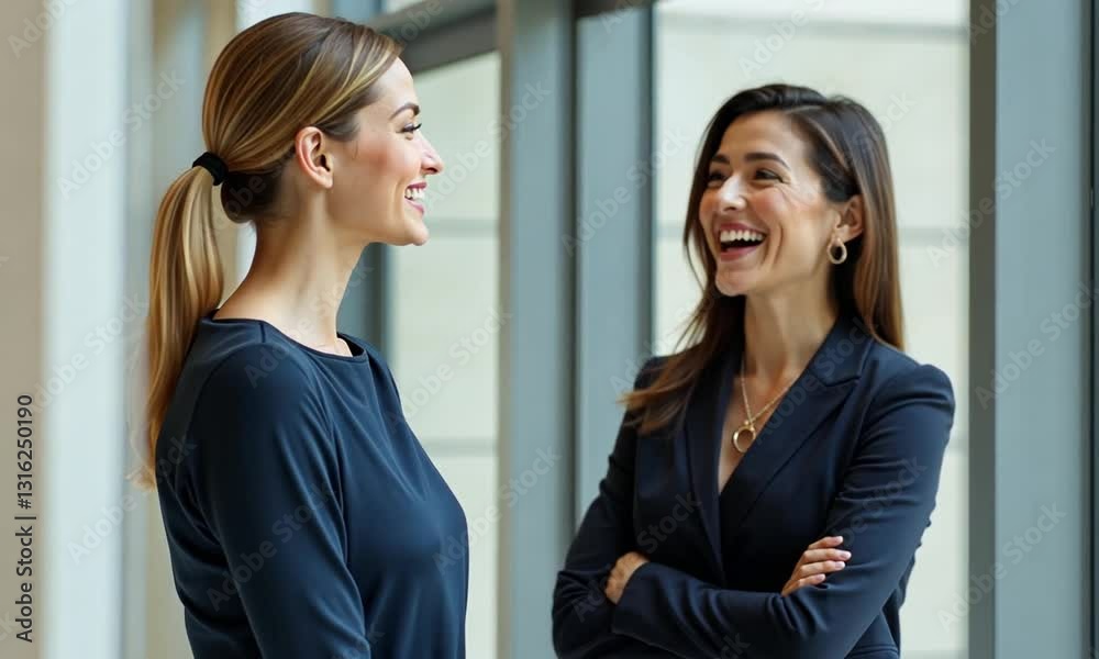Two Businesswomen Collaborating in Office Lobby Two Businesswomen Collaborating in Office Lobby