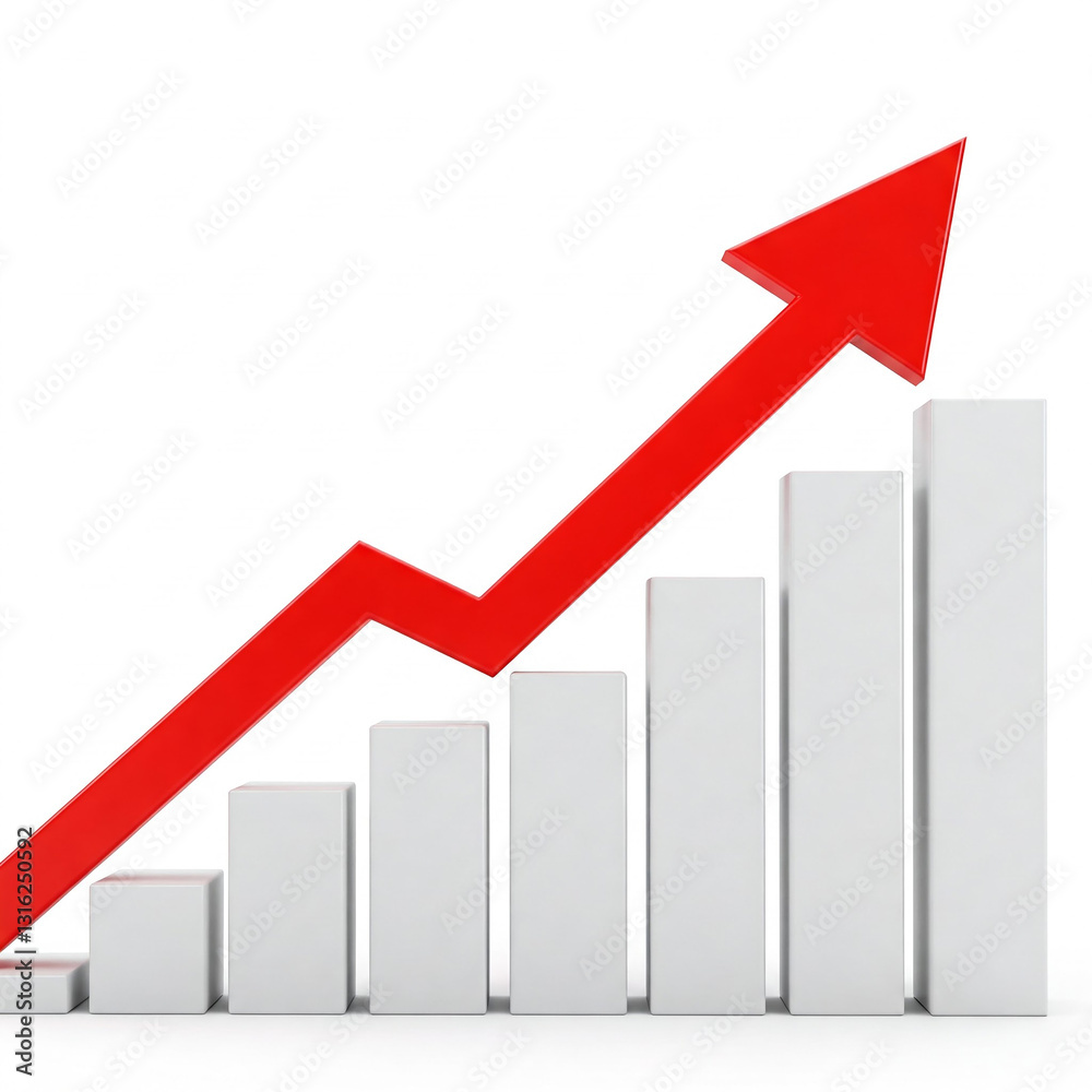 business graph with red arrow. A red arrow pointing upwards on top of white bars representing growth and progress. growth graph chat with red arrow. growth concept. business graph with red arrow. A red arrow pointing upwards on top of white bars representing growth and progress. growth graph chat with red arrow. growth concept.