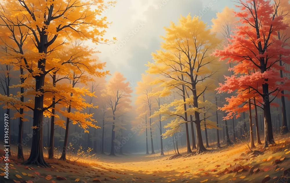 Fototapeta premium An abstract illustration of a colorful autumn forest with leaves falling from trees