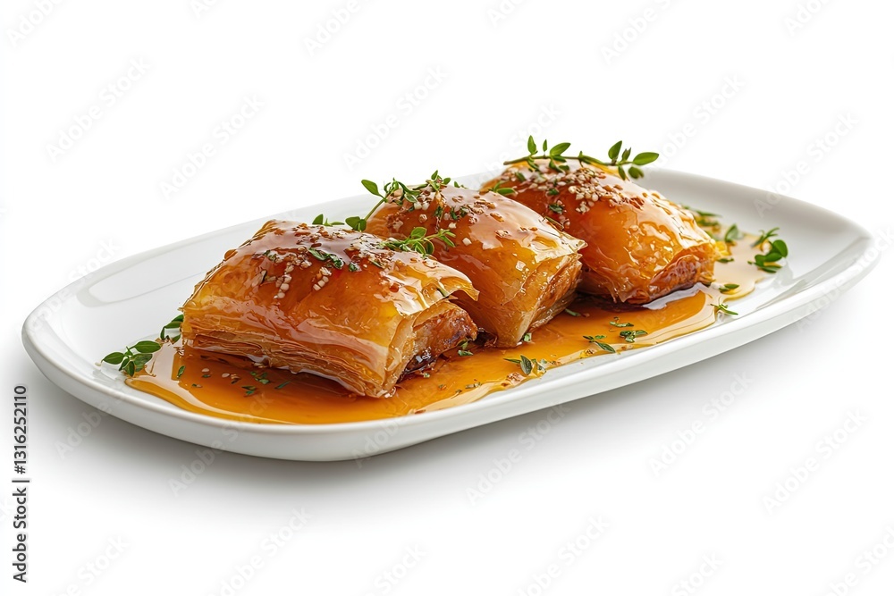 Side view of a dessert plate of baklava with honey drizzle isolated on white background Side view of a dessert plate of baklava with honey drizzle isolated on white background