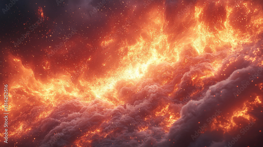 Naklejka premium Fiery eruption display cosmic landscape digital art celestial environment dramatic viewpoint
