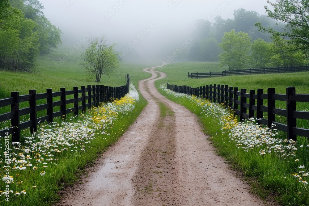 A serene dirt road stretches into the distance, bordered by black fences and blooming wildflowers in a misty, green setting A serene dirt road stretches into the distance, bordered by black fences and blooming wildflowers in a misty, green setting