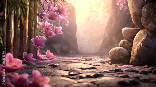 Serene Pathway Through a Japanese Garden at Sunrise