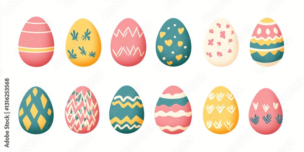 Twelve Pastel Easter Eggs with Various Cute Designs Spring Holiday Decoration Twelve Pastel Easter Eggs with Various Cute Designs Spring Holiday Decoration