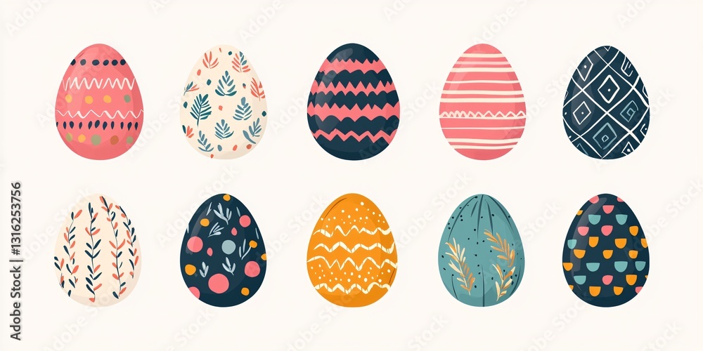 Fototapeta premium Ten Colorful Easter Eggs with Unique Artistic Designs and Patterns for Spring Celebrations