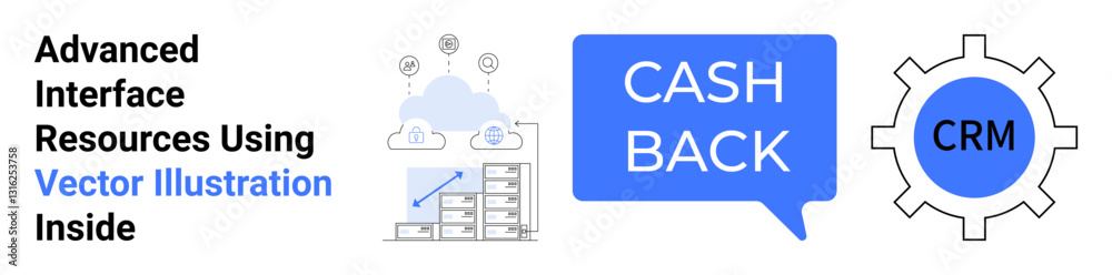 Cloud network above buildings, cashback in speech bubble, CRM gear icon. Ideal for technology, finance, customer management, business services, cloud solutions, e-commerce flat landing page banner Cloud network above buildings, cashback in speech bubble, CRM gear icon. Ideal for technology, finance, customer management, business services, cloud solutions, e-commerce flat landing page banner